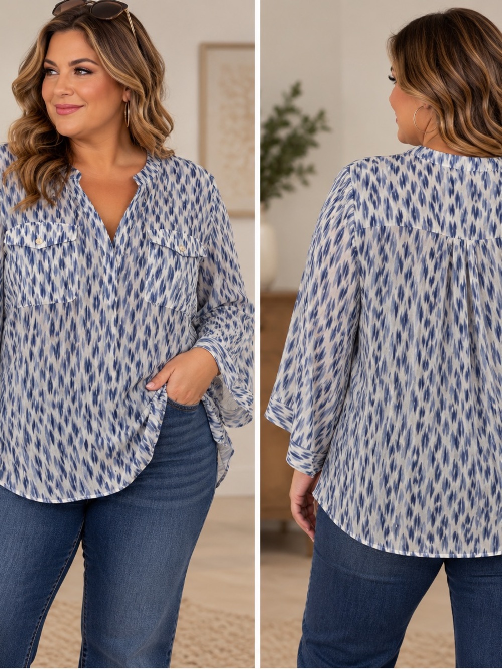 Vince Camuto Blue & White Printed Split-Neck Tunic